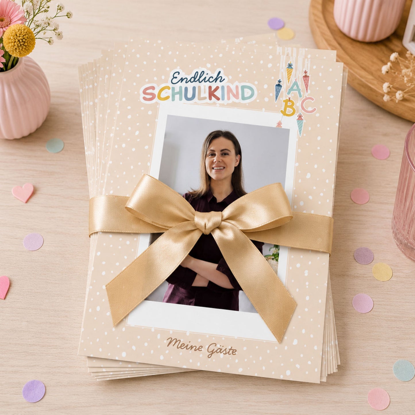Süße Gästebuchkarten zur Einschulung in Beige