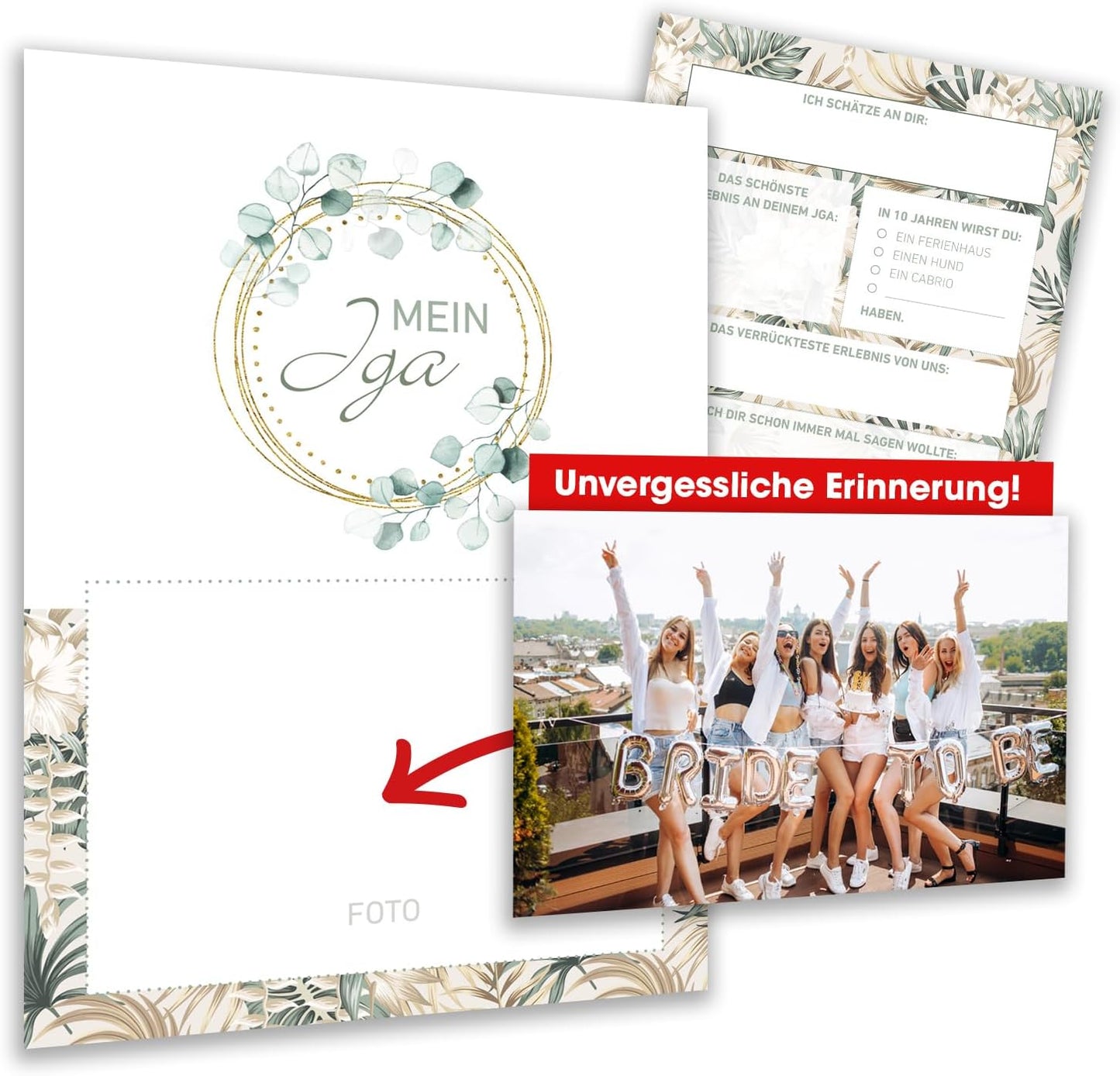 JGA Erinnerung für die Braut – 15 Karten zum Ausfüllen & Foto einkleben – A5 Format – liebevoll gestaltet – Inkl. Seidenband – Junggesellinnenabschied Deko & Geschenkidee