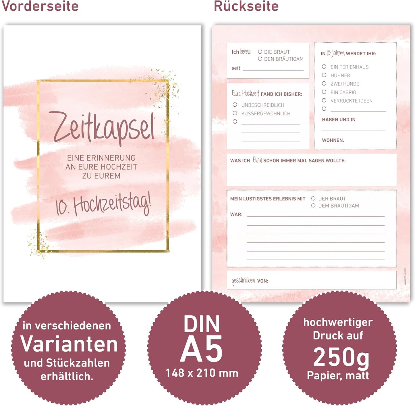 MILINDO Karten Hochzeitsgeschenk Zeitkapsel - Geschenk für Brautpaar – Erinnerungskarten – Gold – Rosa - Neutral