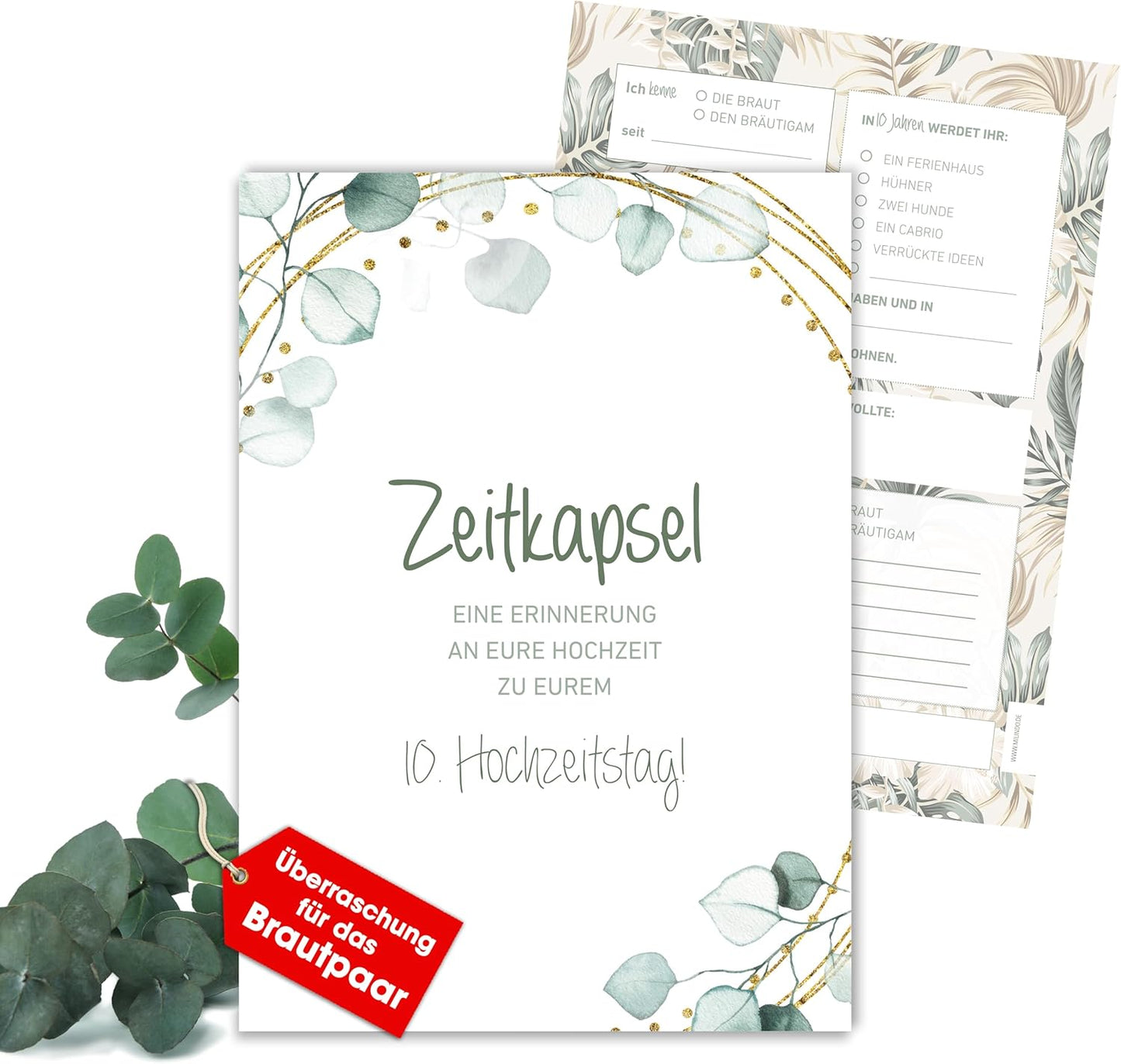 Karten Hochzeitsgeschenk/Überraschung Zeitkapsel - Geschenk für Brautpaar – Erinnerungskarten – Eukalyptus – Boho Stil (50 Karten)