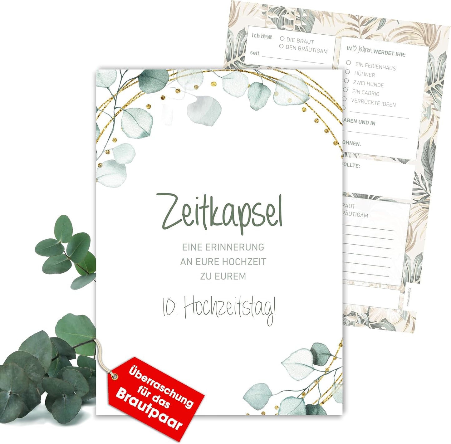 Karten Hochzeitsgeschenk/Überraschung Zeitkapsel - Geschenk für Brautpaar – Erinnerungskarten – Eukalyptus – Boho Stil (50 Karten)