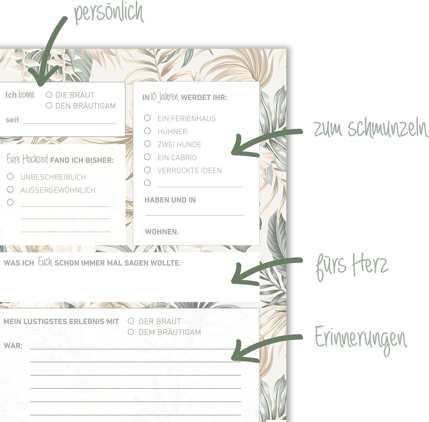 Karten Hochzeitsgeschenk/Überraschung Zeitkapsel - Geschenk für Brautpaar – Erinnerungskarten – Eukalyptus – Boho Stil (50 Karten)