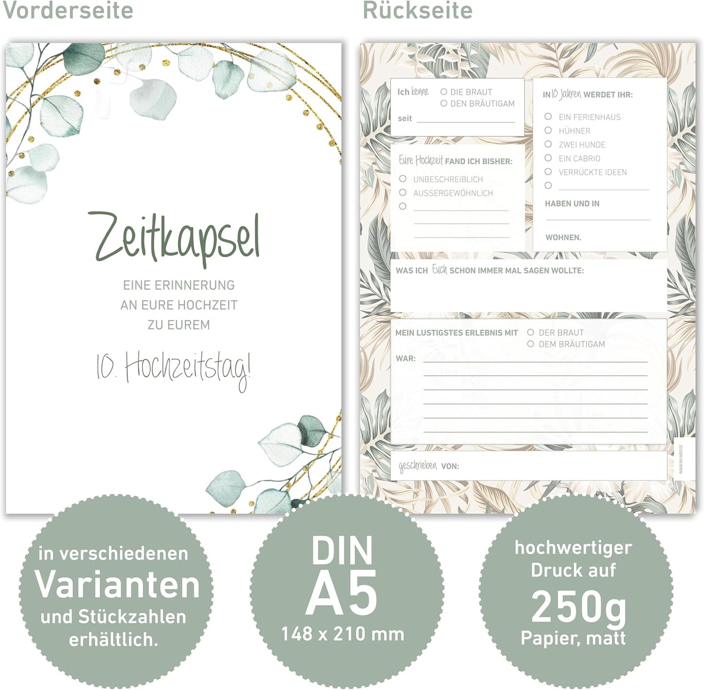 Karten Hochzeitsgeschenk/Überraschung Zeitkapsel - Geschenk für Brautpaar – Erinnerungskarten – Eukalyptus – Boho Stil (50 Karten)