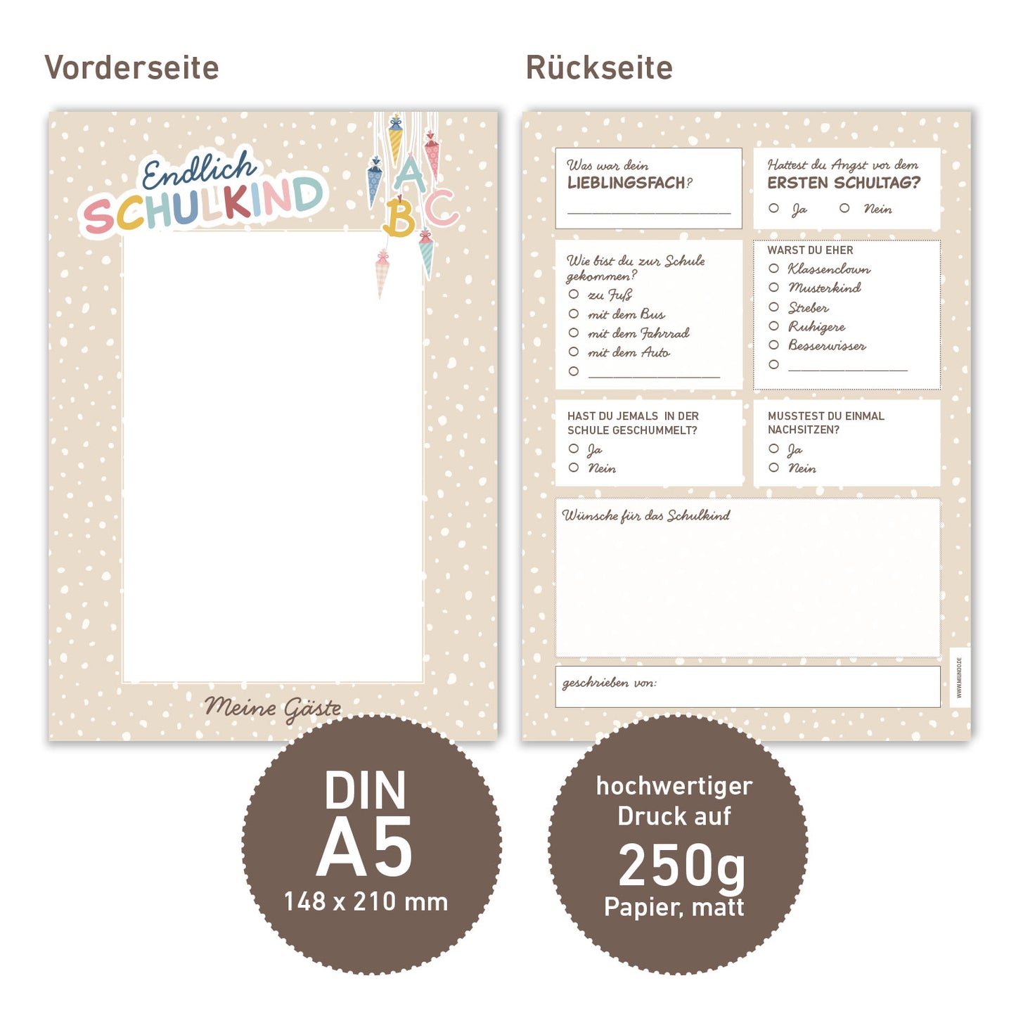 Süße Gästebuchkarten zur Einschulung in Beige