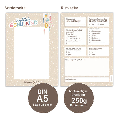 Süße Gästebuchkarten zur Einschulung in Beige
