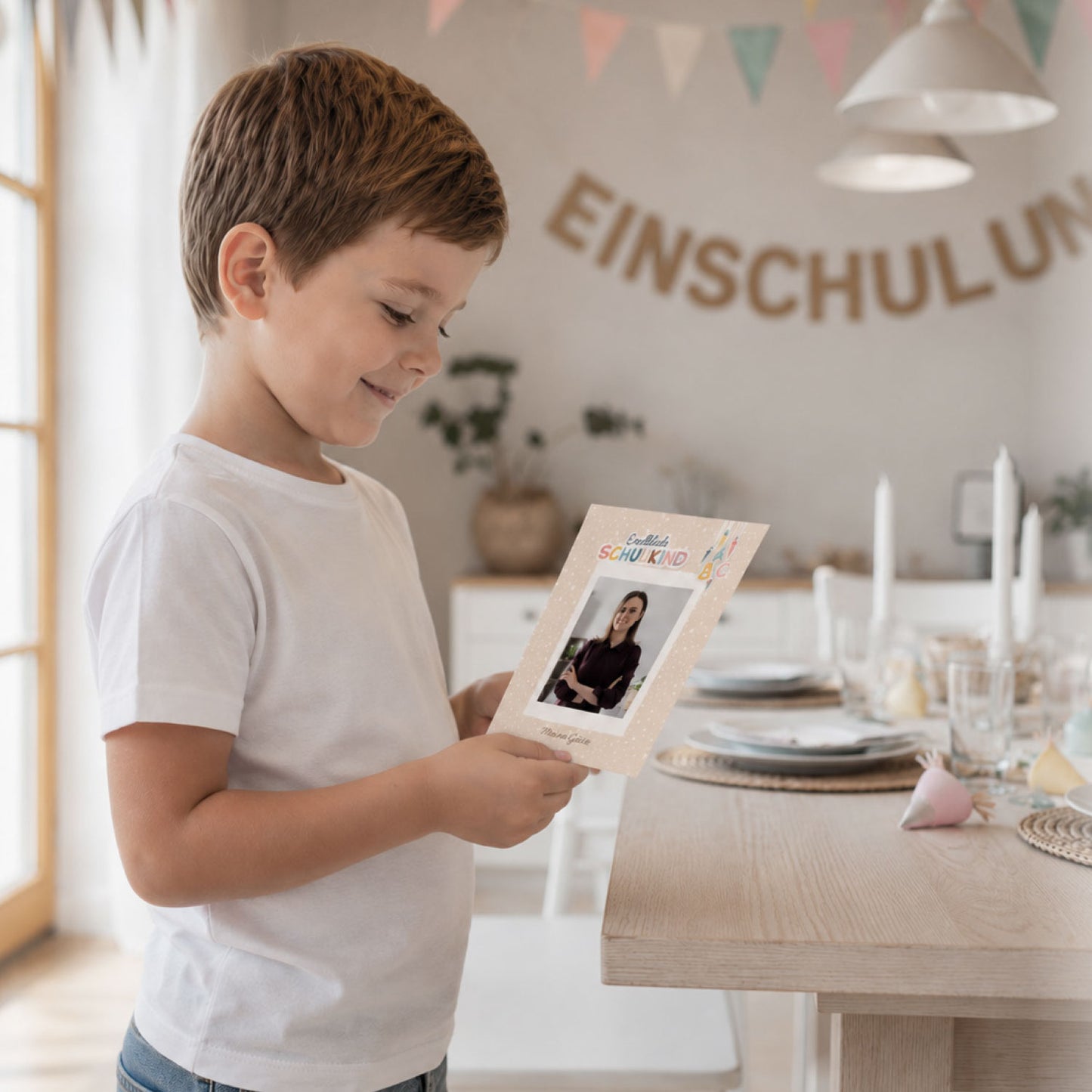 Süße Gästebuchkarten zur Einschulung in Beige