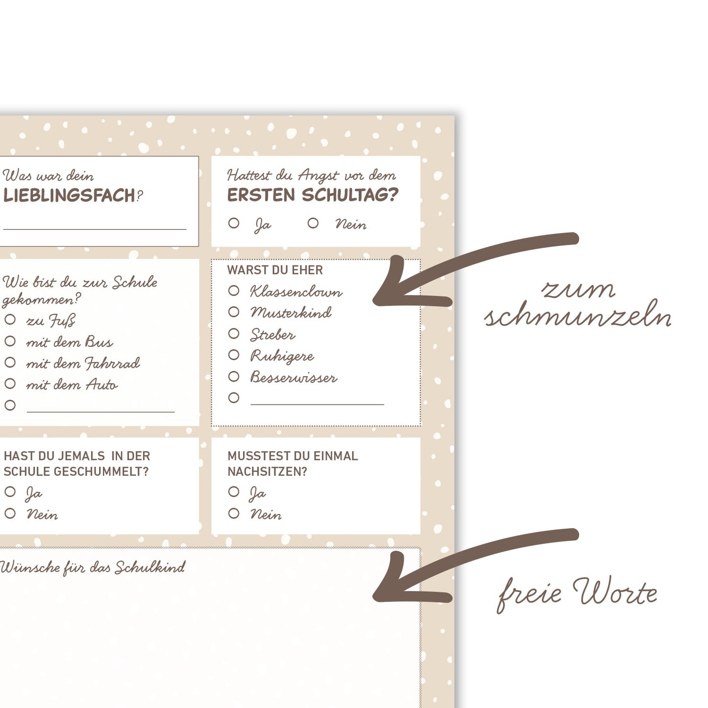 Süße Gästebuchkarten zur Einschulung in Beige