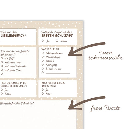 Süße Gästebuchkarten zur Einschulung in Beige