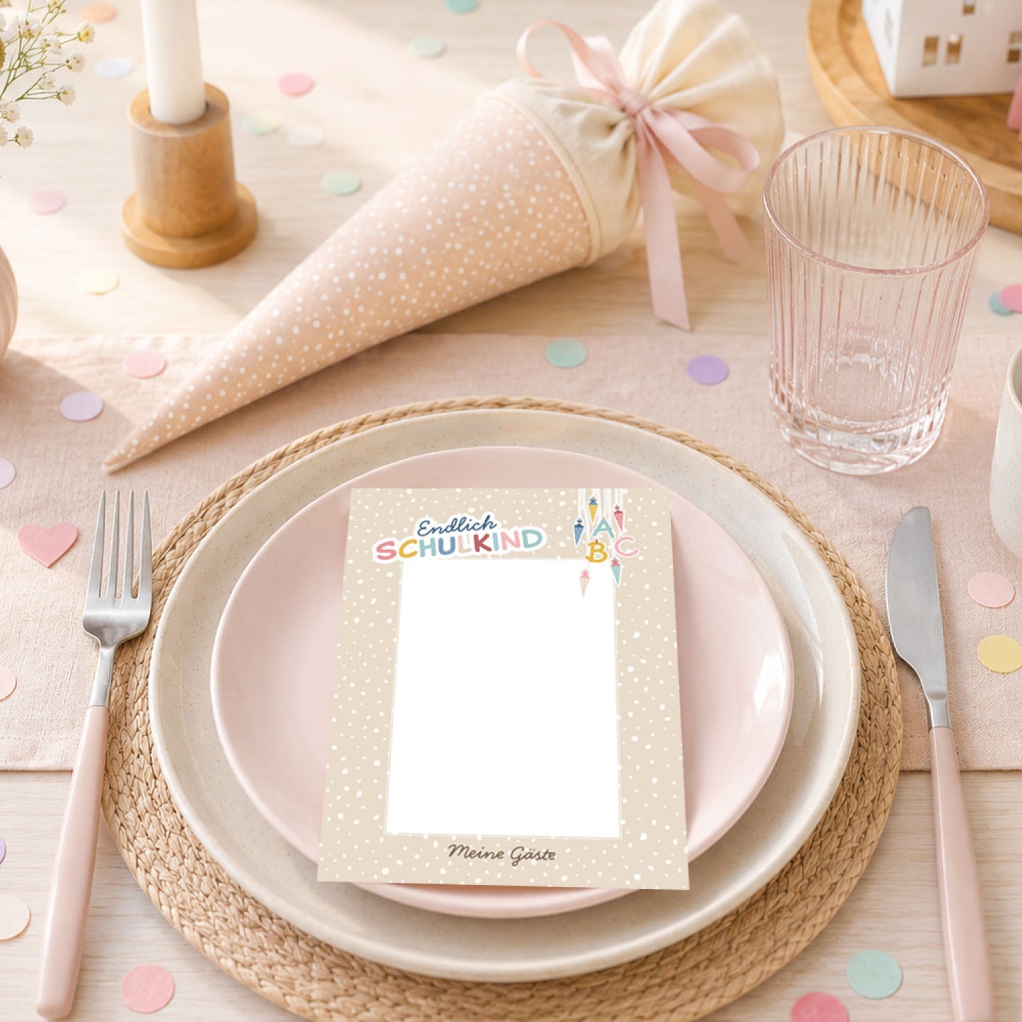 Süße Gästebuchkarten zur Einschulung in Beige