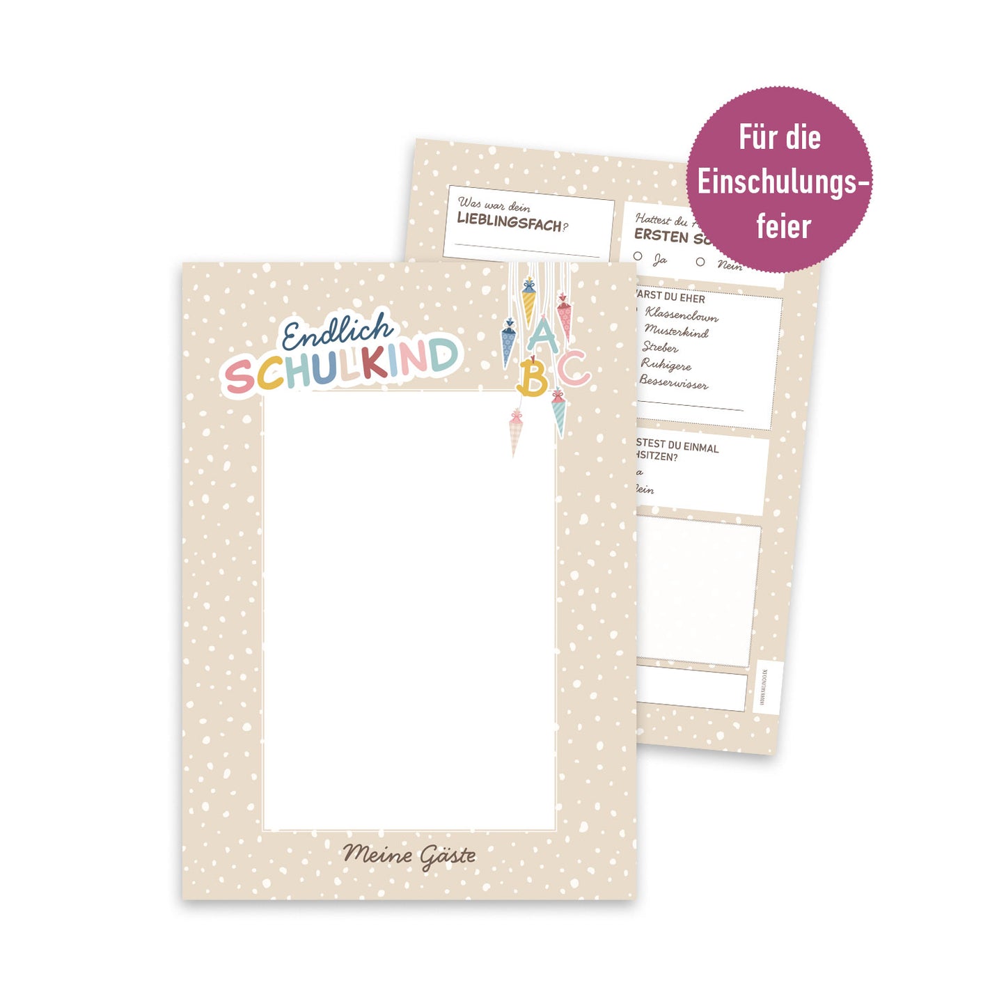 Süße Gästebuchkarten zur Einschulung in Beige