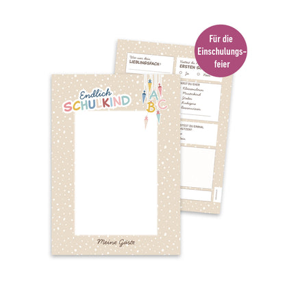 Süße Gästebuchkarten zur Einschulung in Beige