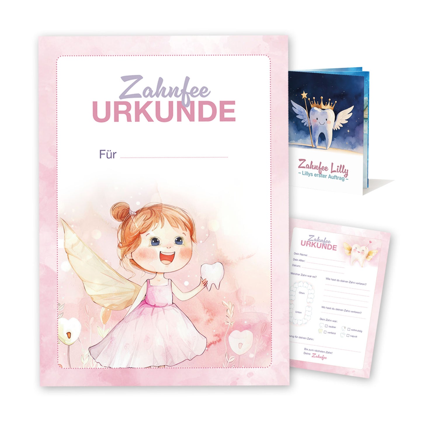 Zahnfee Urkunden-Set mit einer Geschichte Rosa