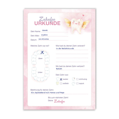 Zahnfee Urkunde Rosa