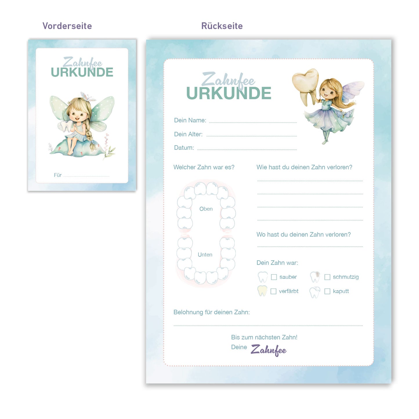 Zahnfee Urkunde Blau