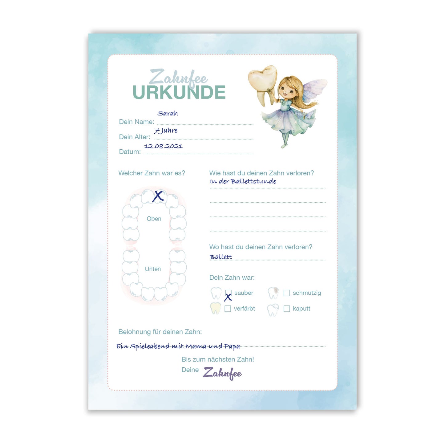 Zahnfee Urkunde Blau