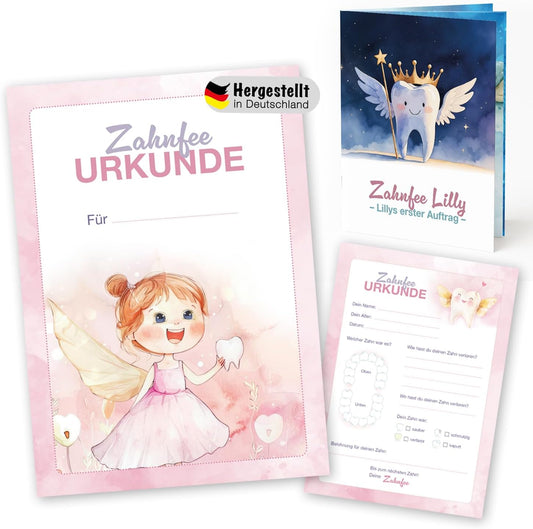 Zahnfee Urkunde in Rosa – mit Minibuch Geschichte von Zahnfee Lilly - Set 20 Stück