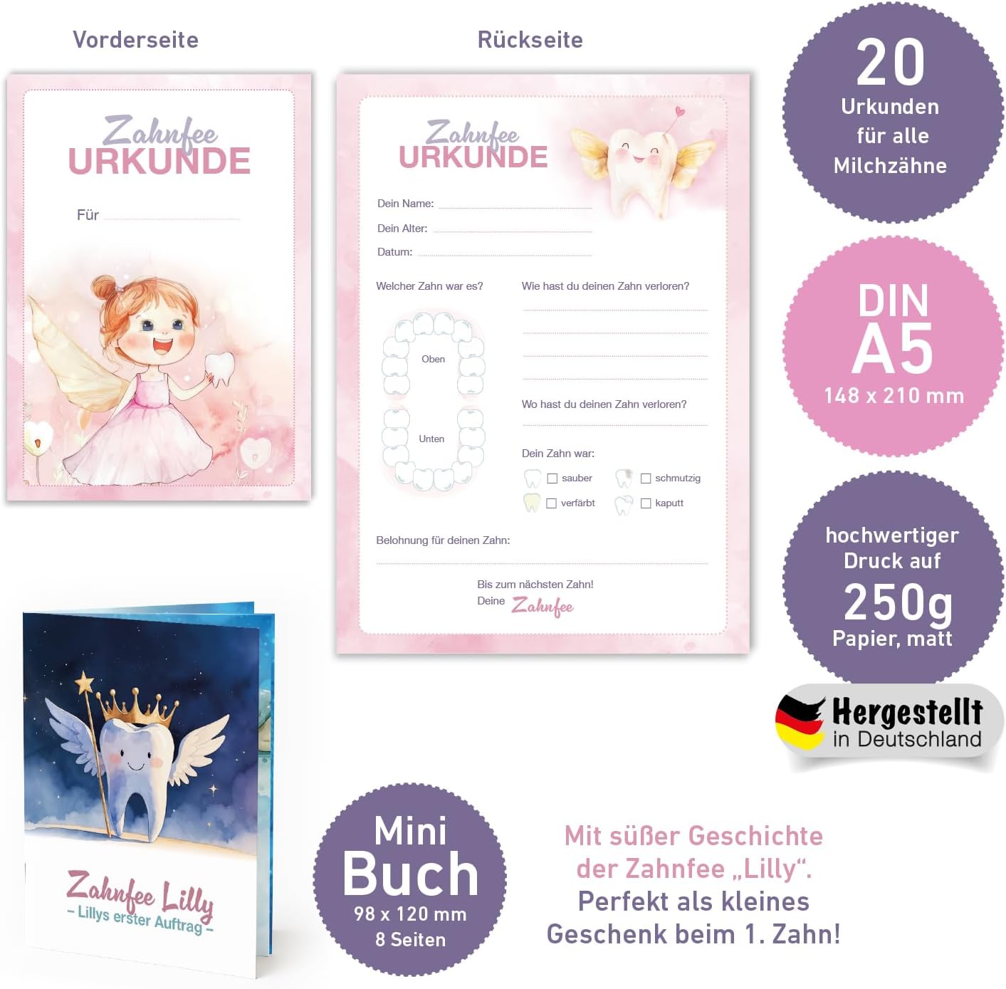 Zahnfee Urkunde in Rosa – mit Minibuch Geschichte von Zahnfee Lilly - Set 20 Stück