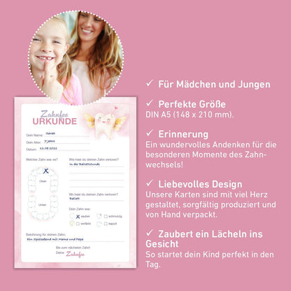 Zahnfee Urkunde in Rosa – mit Minibuch Geschichte von Zahnfee Lilly - Set 20 Stück