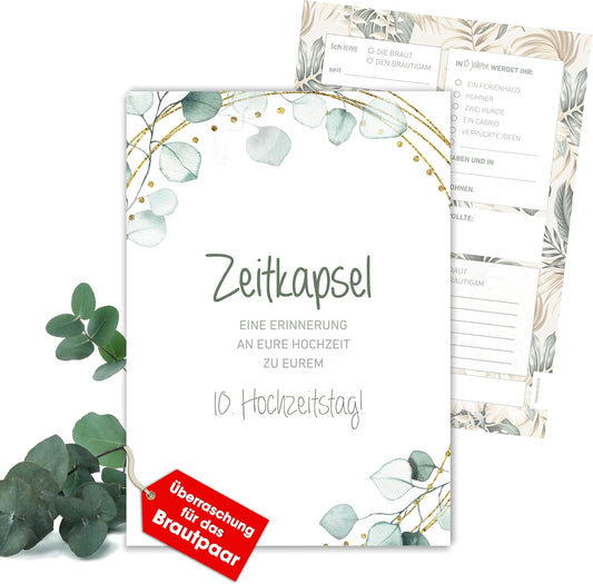Karten Hochzeitsgeschenk/Überraschung Zeitkapsel - Geschenk für Brautpaar – Erinnerungskarten – Eukalyptus – Boho Stil (50 Karten)