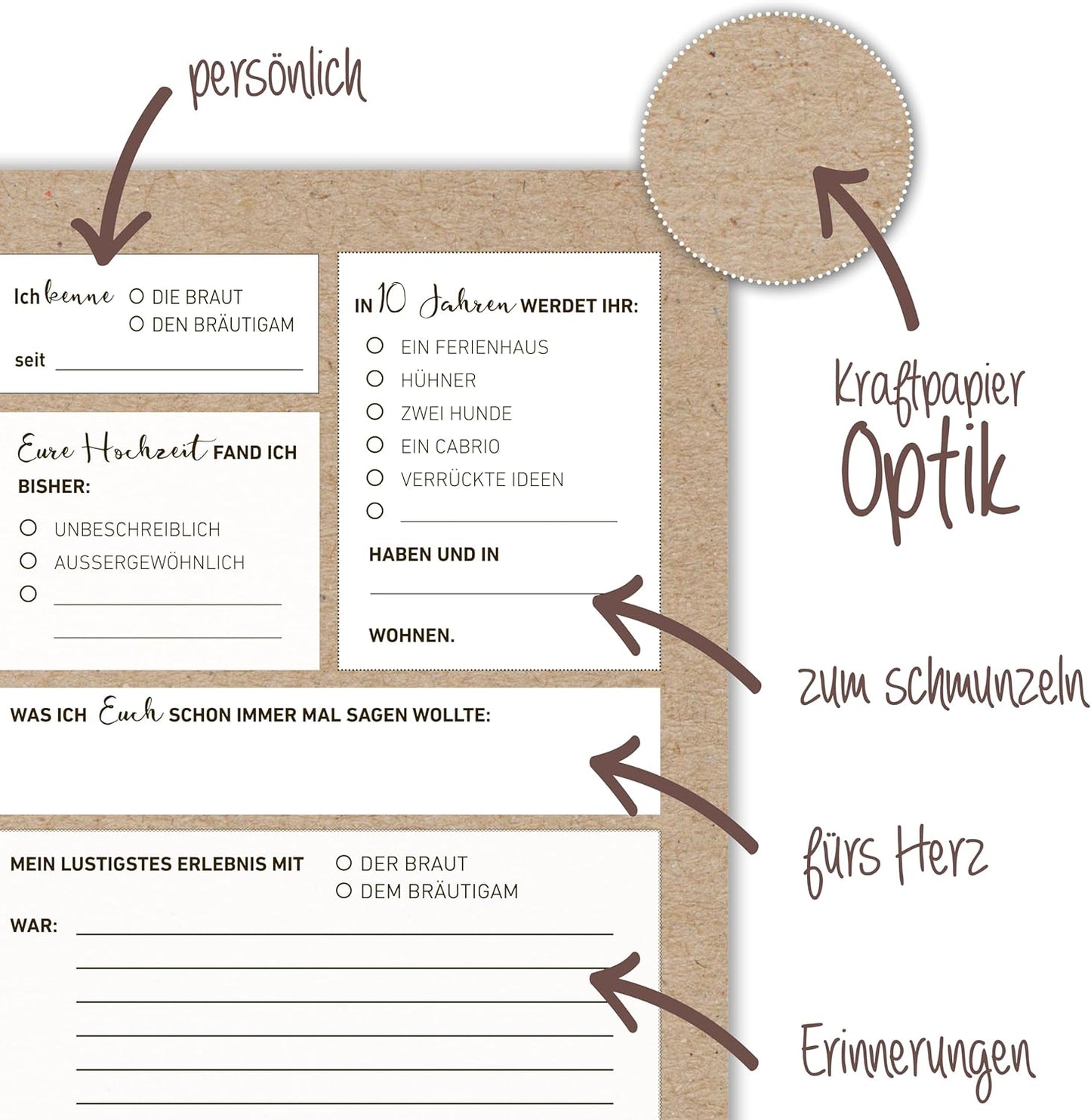 50 Karten Hochzeitsgeschenk Zeitkapsel - Geschenk für Brautpaar – Erinnerungskarten – Vintage – Kraftpapier-Optik