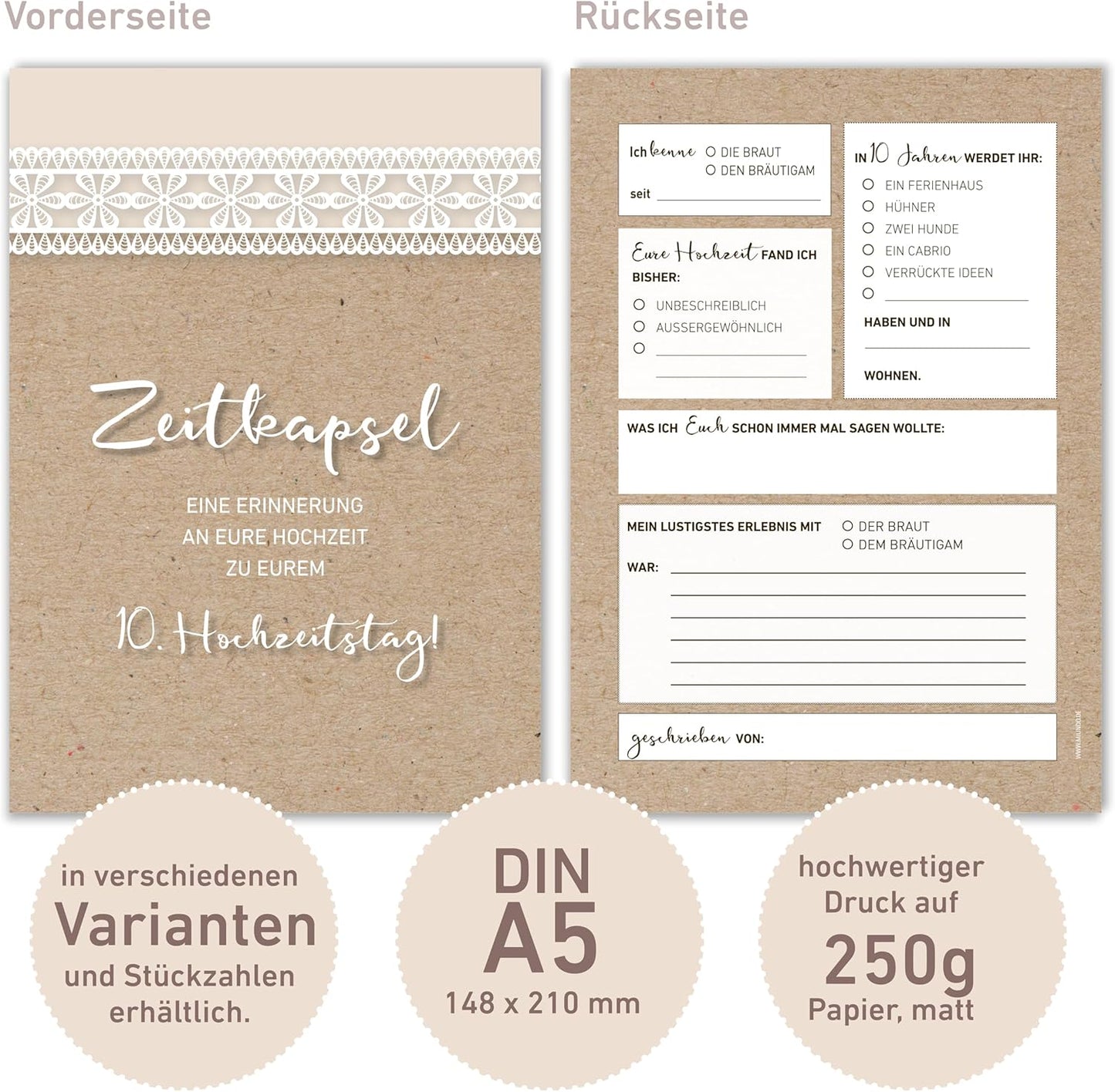 50 Karten Hochzeitsgeschenk Zeitkapsel - Geschenk für Brautpaar – Erinnerungskarten – Vintage – Kraftpapier-Optik