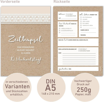 50 Karten Hochzeitsgeschenk Zeitkapsel - Geschenk für Brautpaar – Erinnerungskarten – Vintage – Kraftpapier-Optik
