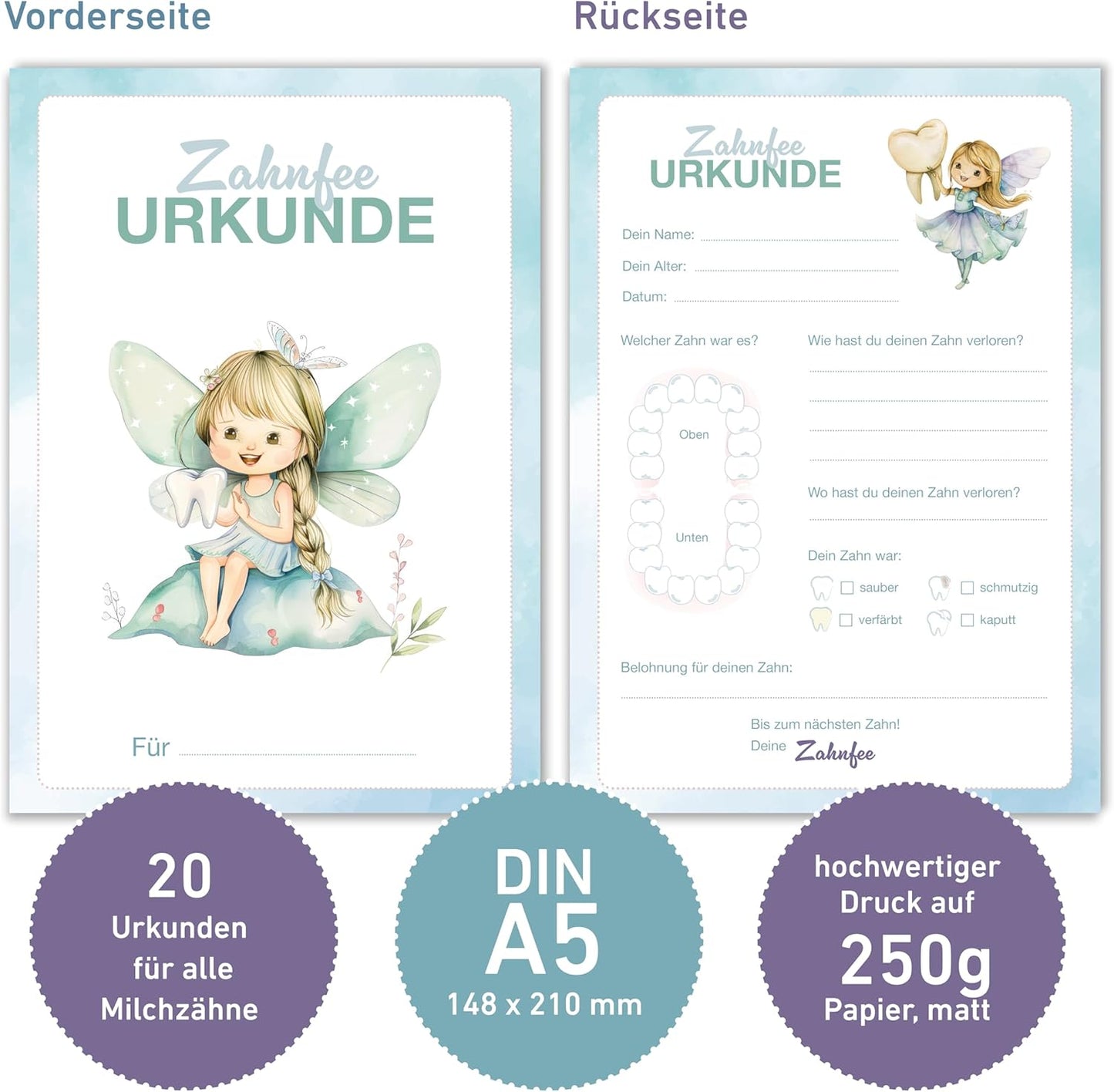 Zahnfee Urkunde (20 Stück) – Erinnerung an die ersten Zahnlücken