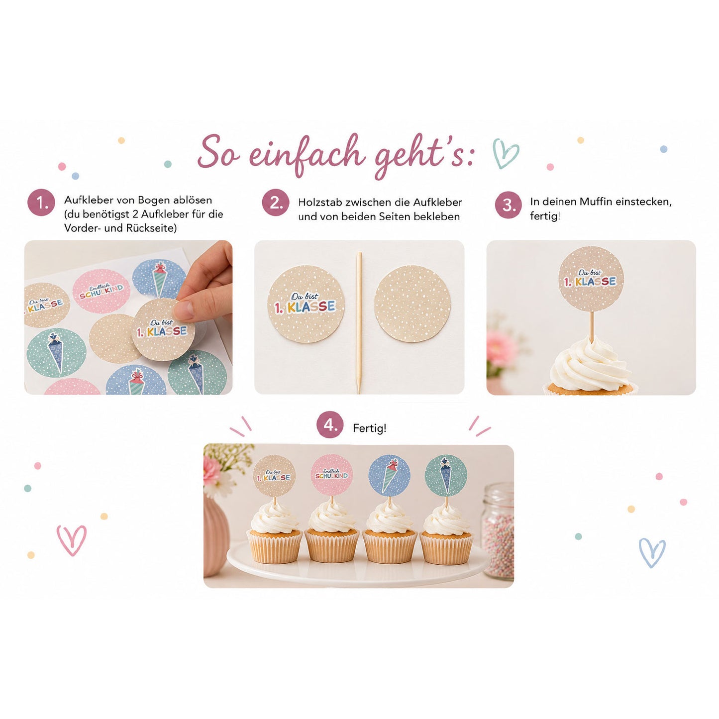 Muffin-Topper zur Einschulung – 12 DIY-Cupcake-Topper