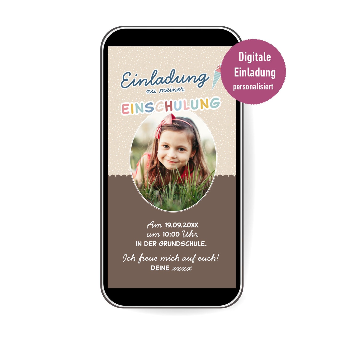 Personalisierte digitale Einladung zur Einschulung mit Foto | WhatsApp-Einladung | Schultüte & Zuckertüte