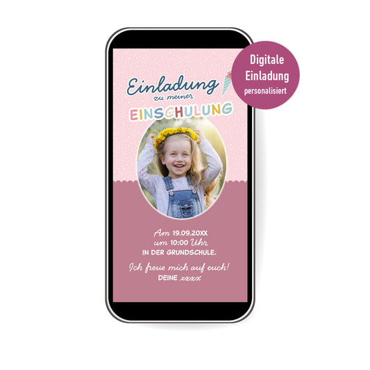 Personalisierte digitale Einladung zur Einschulung mit Foto | WhatsApp-Einladung | Schultüte & Zuckertüte