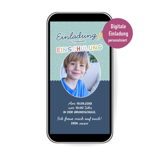 Personalisierte digitale Einladung zur Einschulung mit Foto | WhatsApp-Einladung | Schultüte & Zuckertüte