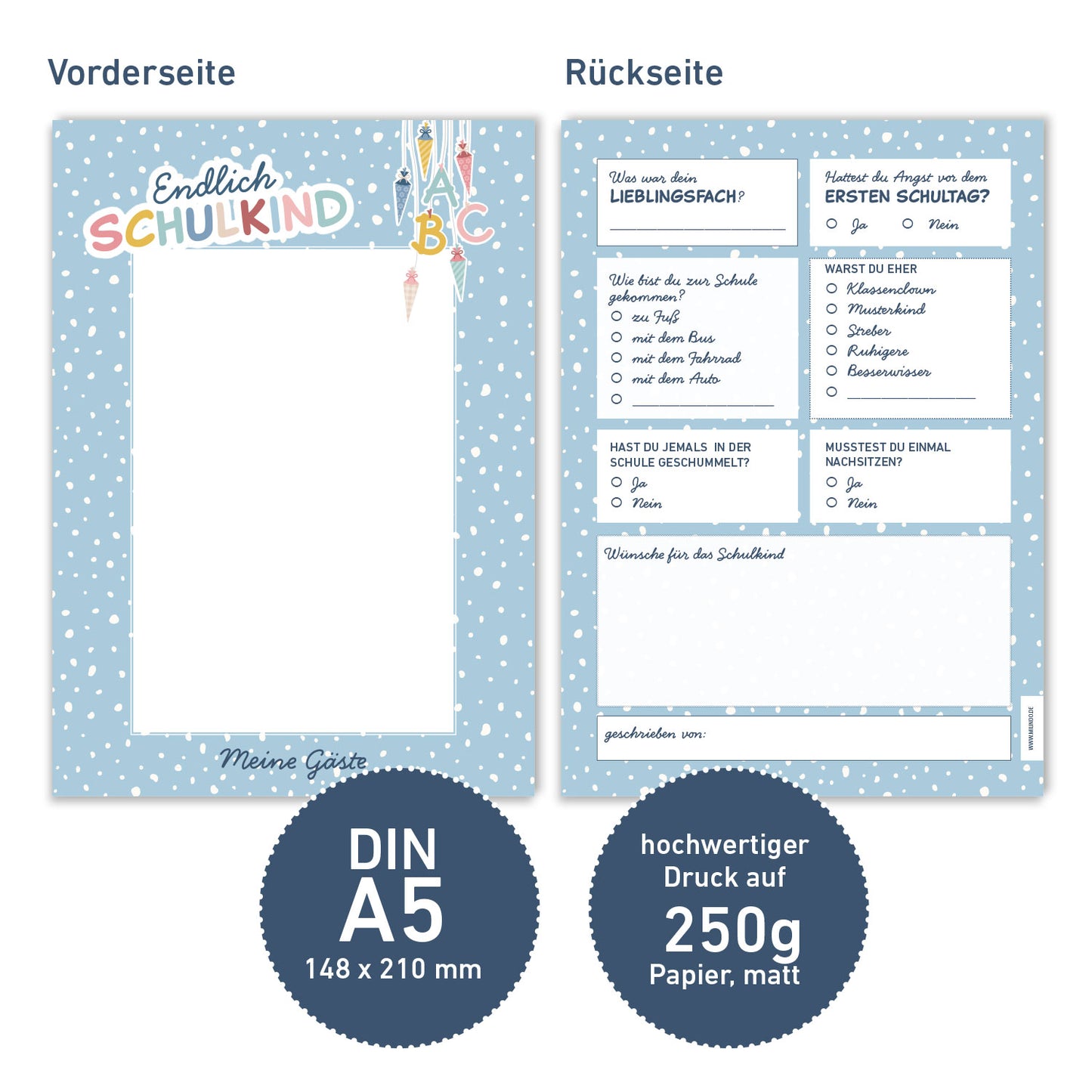 Süße Gästebuchkarten zur Einschulung in Blau