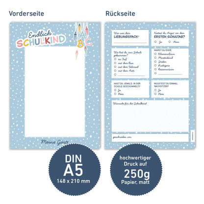 Süße Gästebuchkarten zur Einschulung in Blau