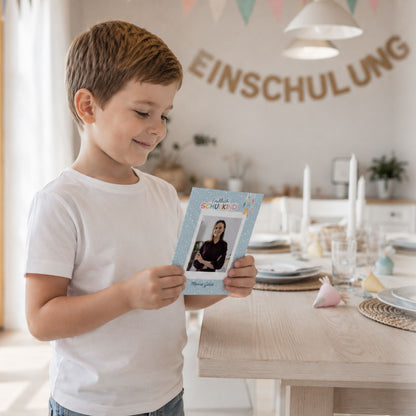 Süße Gästebuchkarten zur Einschulung in Blau