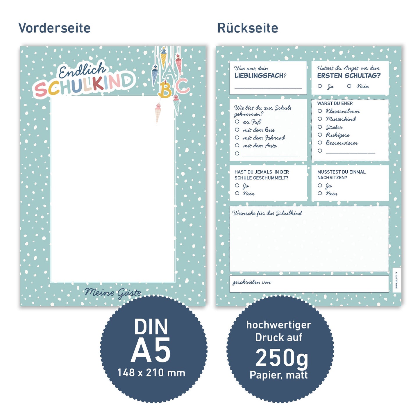 Süße Gästebuchkarten zur Einschulung in Beige Mint