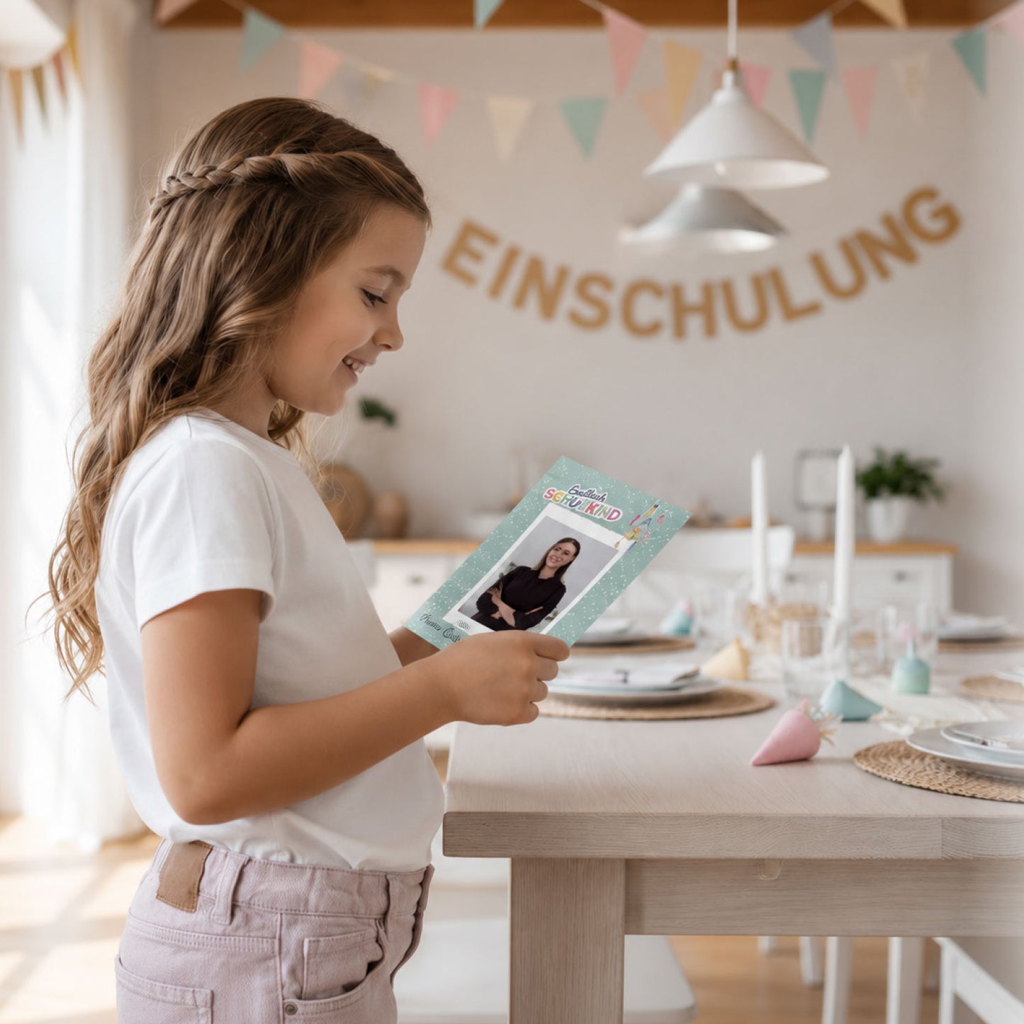 Süße Gästebuchkarten zur Einschulung in Beige Mint