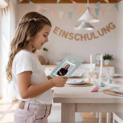 Süße Gästebuchkarten zur Einschulung in Beige Mint