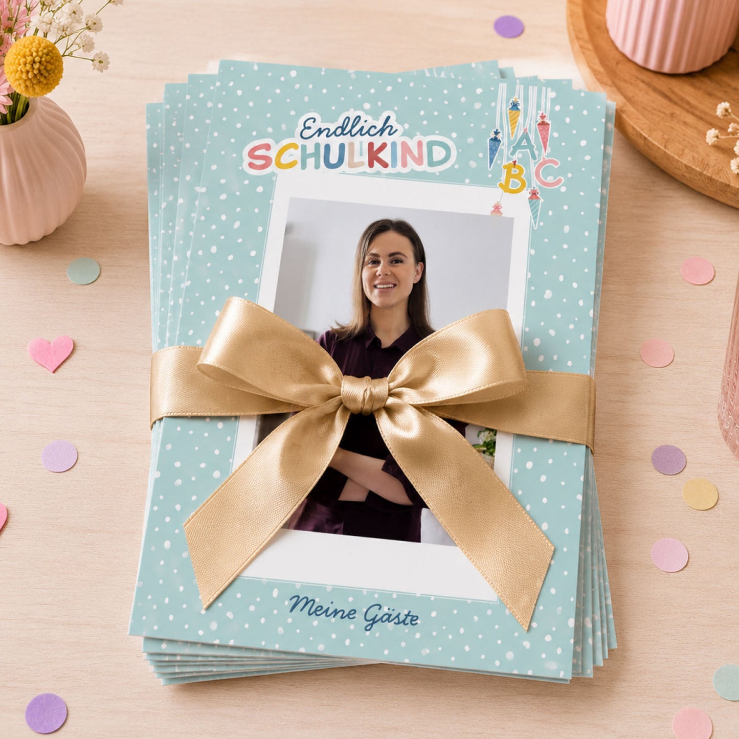Süße Gästebuchkarten zur Einschulung in Beige Mint
