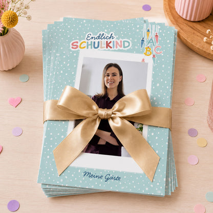 Süße Gästebuchkarten zur Einschulung in Beige Mint