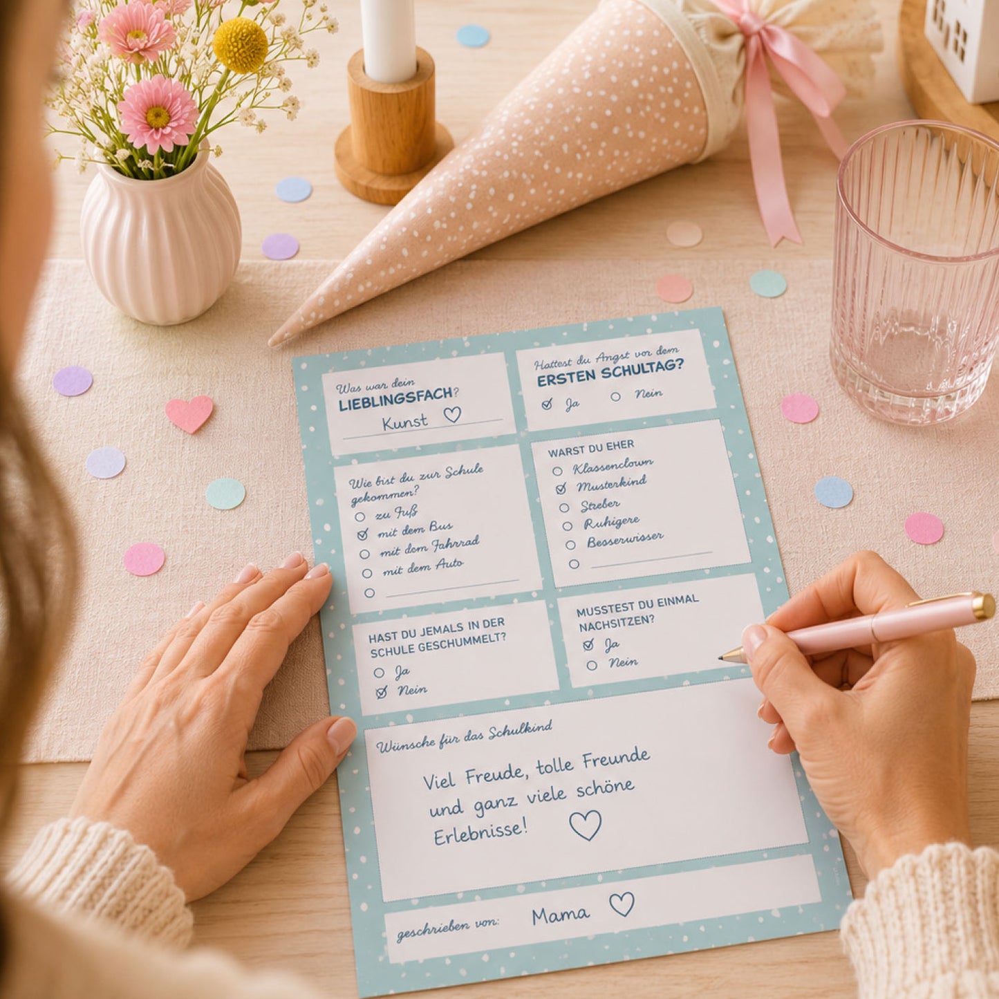 Süße Gästebuchkarten zur Einschulung in Beige Mint