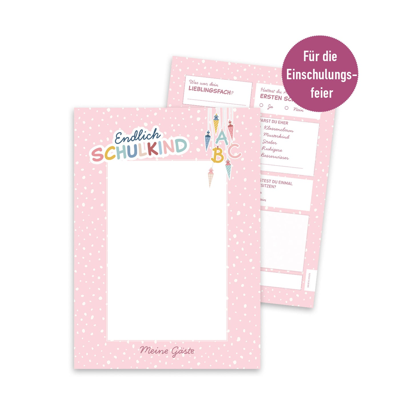 Süße Gästebuchkarten zur Einschulung in Rosa
