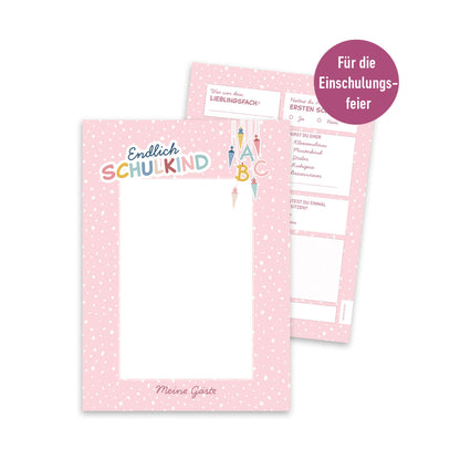 Süße Gästebuchkarten zur Einschulung in Rosa