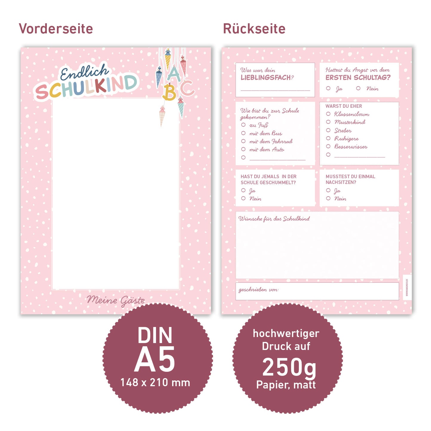 Süße Gästebuchkarten zur Einschulung in Rosa