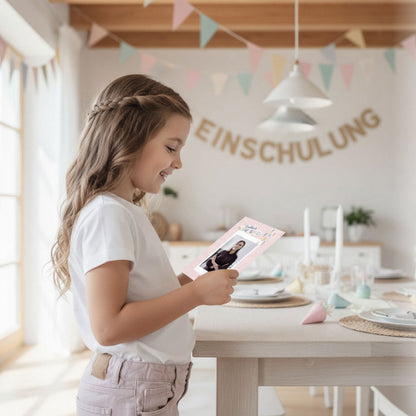 Süße Gästebuchkarten zur Einschulung in Rosa