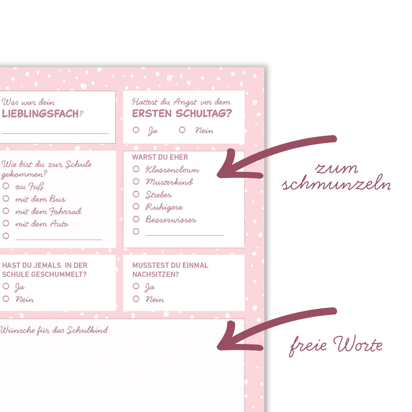 Süße Gästebuchkarten zur Einschulung in Rosa