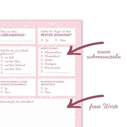 Süße Gästebuchkarten zur Einschulung in Rosa
