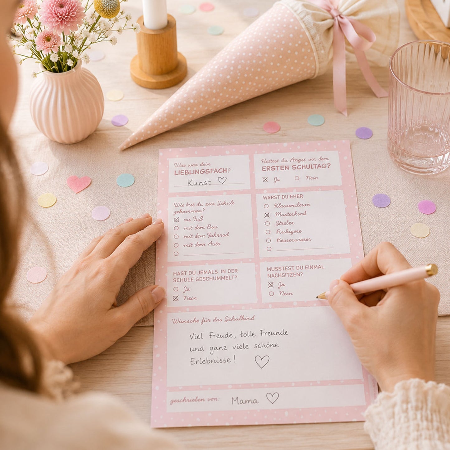 Süße Gästebuchkarten zur Einschulung in Rosa