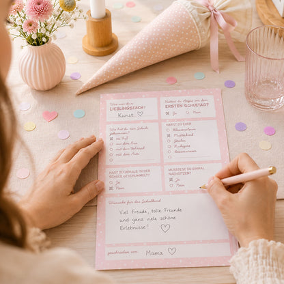 Süße Gästebuchkarten zur Einschulung in Rosa