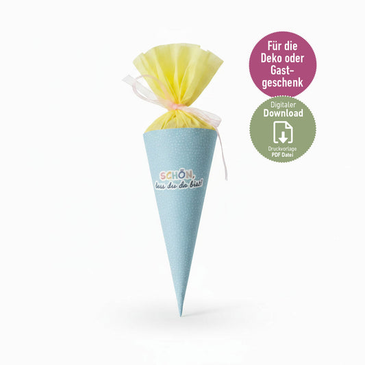 DIY Mini-Schultüte „Schön, dass du da bist“ Druckvorlage zum Download (Blau)