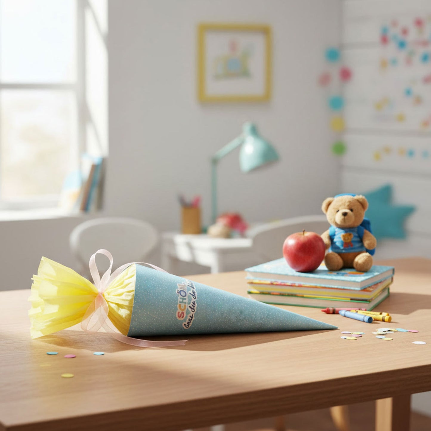 DIY Mini-Schultüte „Schön, dass du da bist“ Druckvorlage zum Download (Blau)